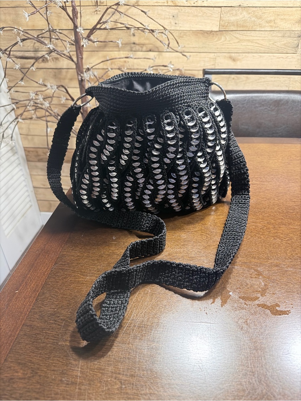 Black Crochet Crossbody Bag with Silver Sequin Accents